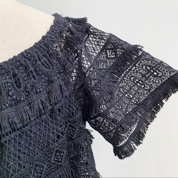 INC Black Lace Fringe Short Sleeve Blouse Sz M - Picture 2 of 10